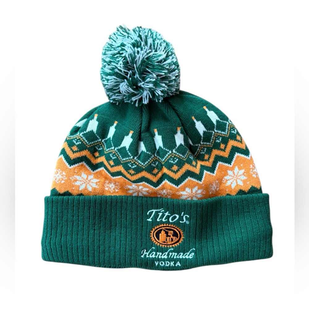 Tito’s Green and Orange Pom-Pom Beanie - NWOT